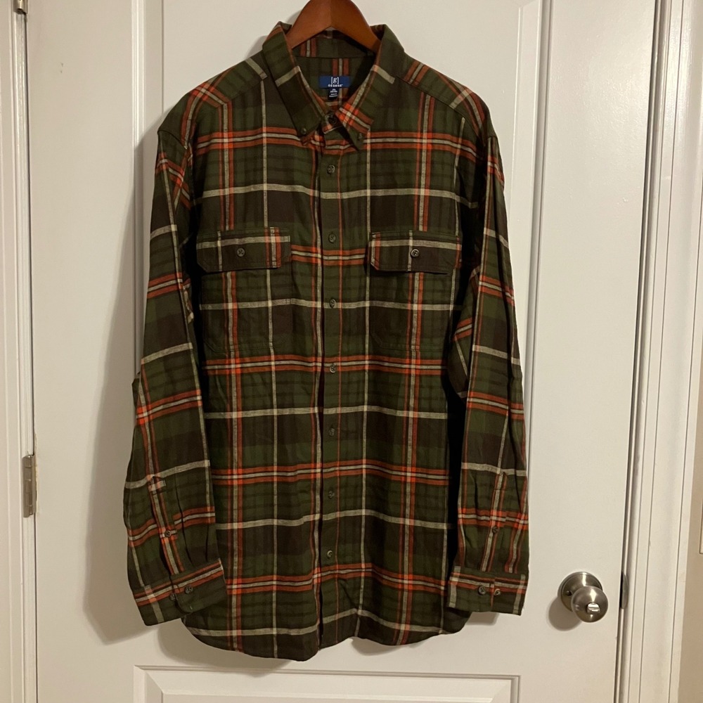 George Mens 2XL Flannel Shirt Green Orange Plaid Long Sleeve Button Down Pockets